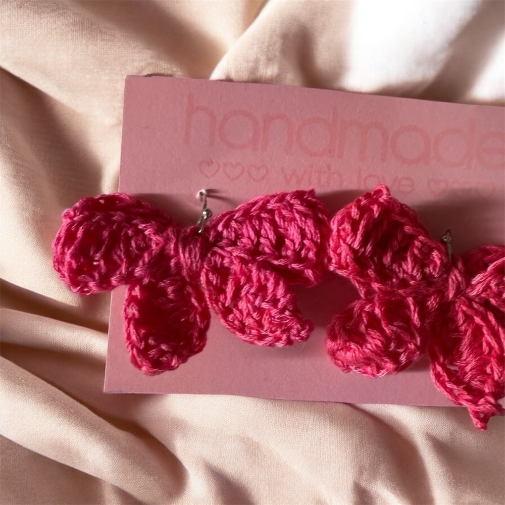 Handmade Pink Crochet bow Earrings – Lightweight & Boho Chic - Picture 4 of 4